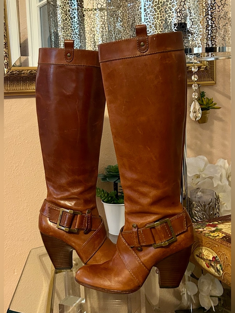 Frye Cognac Leather Buckle Heeled Boots Full Zipper size 6.5
